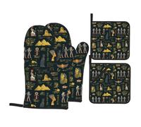 Ancient Egypt Theme Oven Mitts and Pot Holders 4 Pcs Set,High Heat Resistant 500 Degree Extra Thicken Long Kitchen Cotton Oven Glove for Cooking