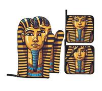 Ancient Egyptian Pharaoh King Egyptian Oven Mitts and Pot Holders 4 Pcs Set,High Heat Resistant 500 Degree Extra Thicken Long Kitchen Cotton Oven Glove for Cooking