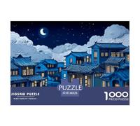 Ancient Town with Blue Houses 1000 Pcs Ökopapier Puzzle Blue Chinese Paper-Cut Town Lebendige Bilder Familienspiel Puzzles Für Erwachsene Und Kinder 38x26cm/1000pcs