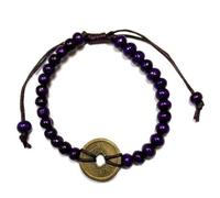 Ancient Wisdom Feng Shui Pulsera - Cuentas de madera con moneda china - Morado