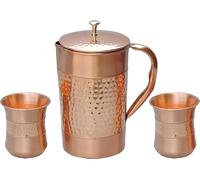 ANCIENTIMPEX Jarra de agua de cobre puro con 2 vasos de cobre (patrón martillado y liso) para beneficios de salud Ayurveda (con vidrio curvado), ANC-CJ-100