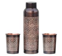 ANCIENTIMPEX Pure Copper Milton - Botella de agua con 2 vasos, diseño floral, beneficios ayurveda e hidratación diaria