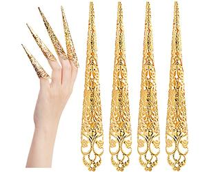 ANCIRS 10 Pack Finger Nail Tip Claw Rings, Ancient Queen Costume Fingertip Claw Nail Rings Decoration Accessory, Finger Knuckle Protectors for Halloween Cosplay Drama Dance Show- Golden Color