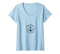 Ancla aquí por un Tiempo Playa náutica Camiseta Cuello V, Mujer, Azul Bebé, XL