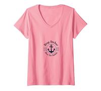 Ancla aquí por un Tiempo Playa náutica Camiseta Cuello V, Mujer, Rosado, L