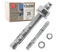 Anclajes metálicos M12x200 mm, 25 piezas, tacos de expansión de acero galvanizado con tuerca y arandela, perno de anclaje para hormigón, mampostería, muro, sujeción de estructuras, Lun Fix