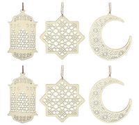 ANCLLO 2 juegos de 6 piezas de adornos colgantes de madera Ramadan Kareem Decoración Luna Estrella Viento Forma de luz Adorno colgante para Ramadán Mubarak Eid Decoraciones
