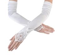 ANCLLO Guantes Largos de Encaje Guantes de Encaje Suaves sin Dedos Guantes hasta el Codo para Boda Nupcial Mujer Fiesta de té Mascarada - Blanco