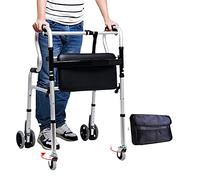 Andador auxiliar de rehabilitación con ruedas de aluminio liviano, ajustable en altura y plegable, con cojín de asiento extraíble y bolsas El doble de comodidad
