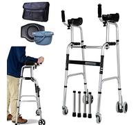 Andador con almohadilla de soporte para reposabrazos - Altura ajustable - Andador de aluminio liviano y plegable - Entrenamiento de rehabilitación de las extremidades inferiores （Cuatro ruedas + Asie