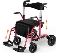 Andador con asiento, 2 en 1 de 4 ruedas y Silla de transporte, Soporta hasta 136 kg, Ruedas TPU de 8"" delanteras y 10"" traseras, Doble freno, Plegable, Altura ajustable, Bolsa almacenamiento- Rojo