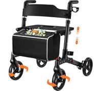 Andador con asiento, Andador de 4 ruedas plegable para adultos, Soporta hasta 136 kg, Sistema de doble freno, Ruedas de 8"", 6 niveles de altura ajustable, Bolsa extraíble y Respaldo - Negro