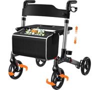 Andador con asiento, Andador de 4 ruedas plegable para adultos, Soporta hasta 136 kg, Sistema de doble freno, Ruedas de 8"", 6 niveles de altura ajustable, Bolsa extraíble y Respaldo - Gris