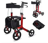 Andador con ruedas para personas mayores y adultos, combinación de andador y silla de transporte, 4 ruedas rojas con cesta, empuje manual para compras para personas mayores