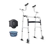 Andador con ruedas vertical, asiento de inodoro con asiento, 2 ruedas extraíbles, reposabrazos y altura ajustables, capacidad de peso 180 kg