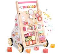 Andador de Madera para Bebé con Ruedas - Baby Juguete Montessori para Aprender a Caminar - Centro de Actividades para Niños y Niñas de 1 Año - Altura y Velocidad Ajustables - bebés +12 (Rosa)