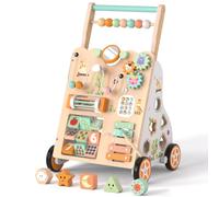 Andador de madera para niños 12+ meses, caminador Montessori con centro de actividades, laberinto de cuentas, clasificador de formas, xilófono y juego de pesca, altura y velocidad ajustables