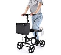 Andador de rodilla plegable y orientable con frenos y cestas, patinete de rodilla de altura ajustable para trabajo pesado, para lesiones en la parte inferior de la pierna, negro Hola