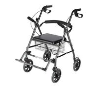 Andador estándar de 4 ruedas con asiento y ruedas de 8 pulgadas, plegable, con respaldo, cesta y pedal de pie para personas mayores