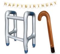Andador hinchable y bastón inflable, andador hinchable con pancarta de cumpleaños, disfraz de jubilado, divertido disfraz como abuelo para abuela, cosplay, carnaval, o como mordaza para cumpleaños