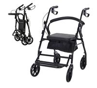 Andador HOMCOM de 4 ruedas, ligero, con asiento plegable, distancia de recorrido extendida, respaldo acolchado, asas ergonómicas, frenos de mano, cesta de almacenamiento, reposapiés, metal negro