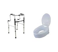 Andador para ancianos, adultos, mayores o minusvalidos, de aluminio, ligero, plegable, con asiento y sin ruedas. Modelo Pórtico. Mobiclinic + Elevador WC, Con tapa, 10 cm, Blanco, Titán