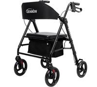 Andador para Ancianos con Asiento: Andadores para Personas Mayores Andador Plegable - Andadores con llantas de 20cm para Todo Terreno viaje de Aluminio Ajustable en 6 Posiciones de Altura (Negro)