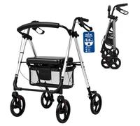 Andador para Ancianos con Asiento MA05, MARCA ESPAÑOLA - Plegable, Ligero y Regulable, Caminador para Personas Mayores con Cesta, RUEDAS 8 PULGADAS, ACERO, COLOR GRIS, ASIENTO DOBLE REGULARIZACION
