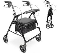 Andador para Ancianos Plegable con Asiento Acolchado, 4 Ruedas, Cesta y Frenos de Maneta, Aluminio