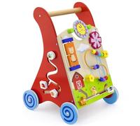 Andador para niños con tabla de motricidad de madera FSC, con anillos de goma y juguete de motricidad