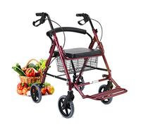 Andador plegable Andador con ruedas Andador con ruedas rojo con reposapiés, asiento, canasta y frenos, carrito de compras plegable para mujeres mayores con ruedas para todo terreno, altura ajustable