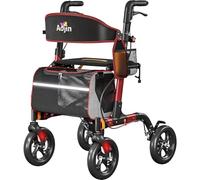 Andador rodante para personas mayores, ligero, plegable, todo terreno con asiento, andadores de aluminio con ruedas de goma de 8 pulgadas, asas y respaldo para personas mayores y adultos (rojo)