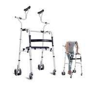 Andador vertical ligero de aluminio con asiento, capacidad de peso de 180 kg, 4 ruedas extraíbles, altura y pasamanos ajustables.