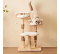 Andamio de escalada para gatos de madera maciza, 98 cm de alto, 3 niveles, cojines extraíbles y pelotas de juego, imitación de nubes - natural gato (blanco mate)
