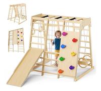 Andamio de escalada para interiores, 9 en 1 para niños, juego de escalada Montessori de madera con tobogán, columpio, estructura de escalada, escalera vertical, red de escalada