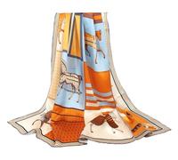 ANDANTINO Bufanda de seda de morera 100% pura de 43 pulgadas, pañuelo cuadrado grande y ligero para la cabeza y chal, envolturas para el cabello para mujer, con paquete de regalo, Brown&blue -Horse,