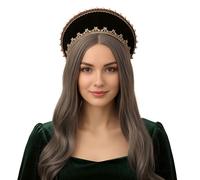 ANDHOM Anne Boleyn Tudor - Diadema isabelina con capucha francesa, terciopelo negro con ribete de estrella dorada y adornos de perlas, tocado de corona real, accesorio para el cabello de cosplay retro