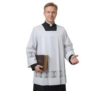 ANDHOM Clero católico sobrepelliz con ribete de encaje, chaleco litúrgico blanco para servidor de altar, Alba de sacerdote con detalle de encaje decorativo, blanco, M