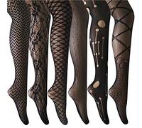 ANDIBEIQI Mujer Pantimedias Semi Medias, 6 pieza Negras Dibujos Florales Rayas Corazones Costura Pantimedias Semi Opacas Rejillas negro