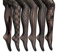 ANDIBEIQI Mujer Pantimedias Semi Medias，6 pieza Negras Dibujos Florales Rayas Corazones Costura Pantimedias Semi Opacas Rejillas negro
