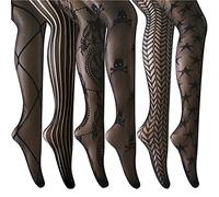 ANDIBEIQI Mujer Pantimedias Semi Medias, 6 pieza Negras Dibujos Florales Rayas Corazones Costura Pantimedias Semi Opacas Rejillas negro