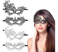 Andibro 4pz Máscara de Encaje de Bola de Mascarada, Máscara Veneciana de Encaje para Mujer Máscara de Ojos de Encaje Sexy Máscara de Mascarada para Halloween Carnaval Fiesta de Graduación(Negro Plata)