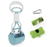 Andiker Scooper Pooper Scooper para perros con mango corto, 10,26 de altura, doble pluma, para mascotas, con 1 rollo de bolsa de caca para perros y un dispensador fácil de usar, color azul