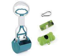 Andiker Scooper Pooper Scooper para perros con mango corto, 10,26 de altura, doble pluma, para mascotas, con 1 rollo de bolsa de caca para perros y un dispensador fácil de usar para perros (verde)