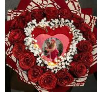 Andisijq Burn Away - Ramo de rosas personalizadas, corazón quemado con foto de mensaje, ramo de flores falsas con purpurina, ramo de rosas rojas artificiales brillantes eternas, aniversario