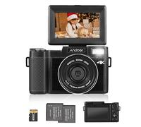 Andoer Cámara digital 4K, cámara digital compacta de 48 m con pantalla giratoria de 3 pulgadas, enfoque automático, zoom 16X, cámara de vlogging flash antivibración con tarjeta de memoria de 32 GB y 2