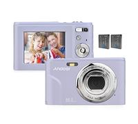 Andoer Cámara digital con enfoque automático, 48 MP, 1080P, 2,4 pulgadas, cámara digital con 2 pilas, correa de mano, bolsa de transporte, para niños, adolescentes, principiantes, estudiantes, morados