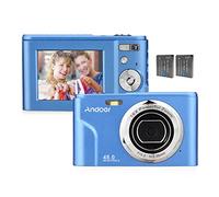 Andoer Cámara digital con enfoque automático, 48 MP, 1080P, 2,4 pulgadas, cámara digital con 2 pilas, correa de mano, bolsa de transporte, para niños, jóvenes, principiantes, estudiantes, azul oscuro
