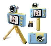 Andoer Cámara infantil, 1080P 40 MP, cámara digital para niños con trípode, pantalla IPS de 2,4 pulgadas, lente giratoria de 180°, tarjeta de memoria de 32 GB, cámara selfie para niños, regalo para