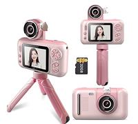 Andoer Cámara para niños, cámara digital 1080P 40MP para niños con trípode, pantalla IPS de 2.4 pulgadas, lente giratoria de 180°, tarjeta de memoria de 32 GB, cámara para selfie, rosa